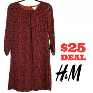 H&M Rusty Red/Black Geometric Print Chiffon Pleat Neck 3/4 Sleeve Dress Size 6